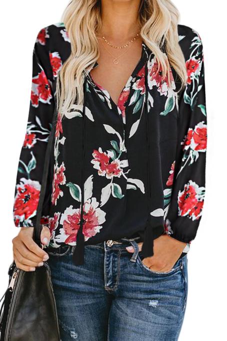Black Floral Print Peasant Blouse