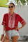 Red Elbow Length Sleeves Front Embroidery Blouse